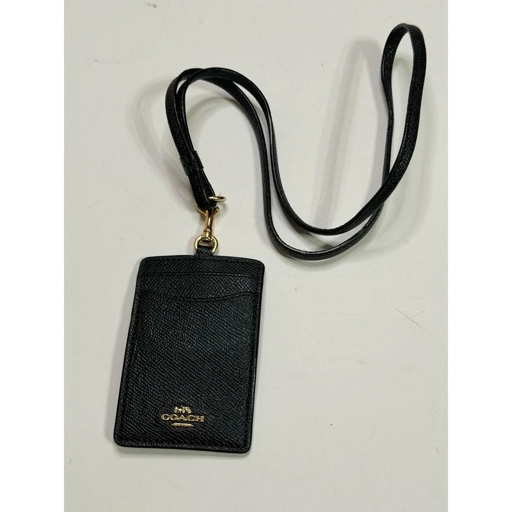Coach ID Lanyard Black Crossgrain Leather Gold Hardware Card Case F57311